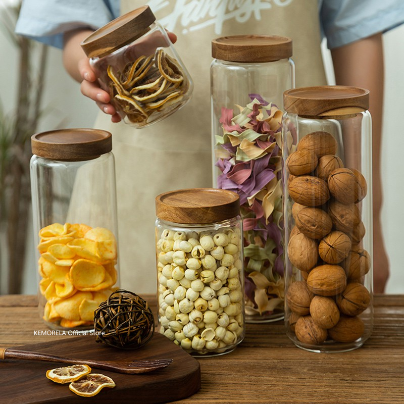 Food Storage Jars Airtight - Drewniana pokrywka Szklany hermetyczny kanister Butelki